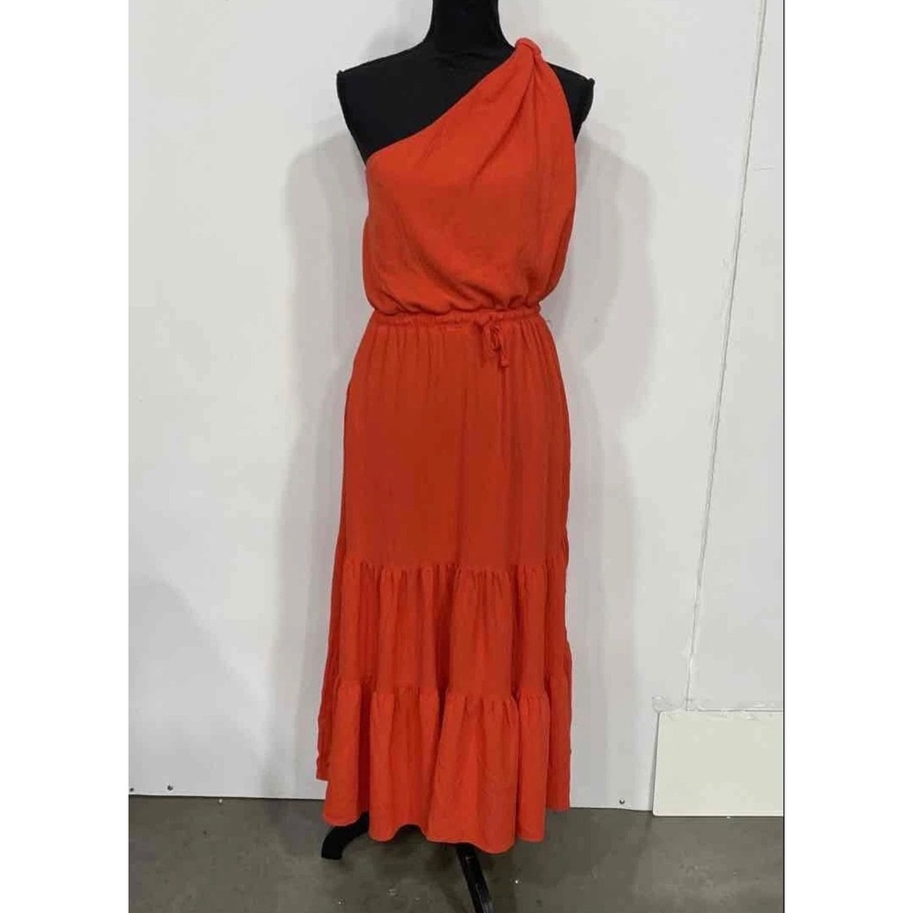 Max Studio tropical One Shoulder Tiered Maxi Dress Orange Boho Summer Size M NWT - Picture 2 of 5